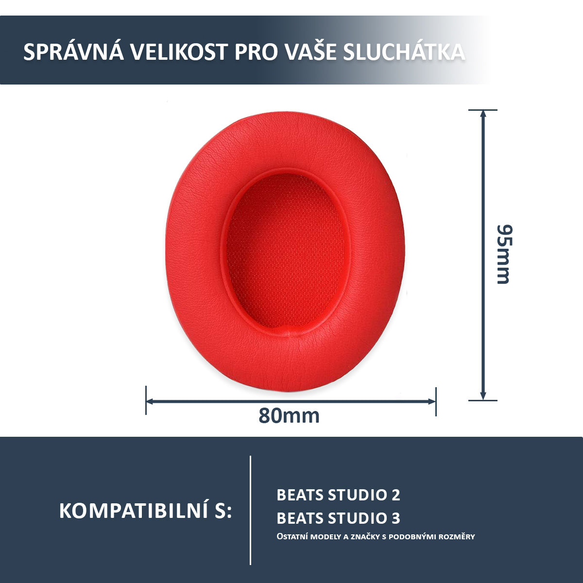 Náhradní ušní polštářky pro Beats Studio 2 & 3 – Červená – Proteinová kůže s paměťovou pěnou (Studio 2.0, Studio 3.0)