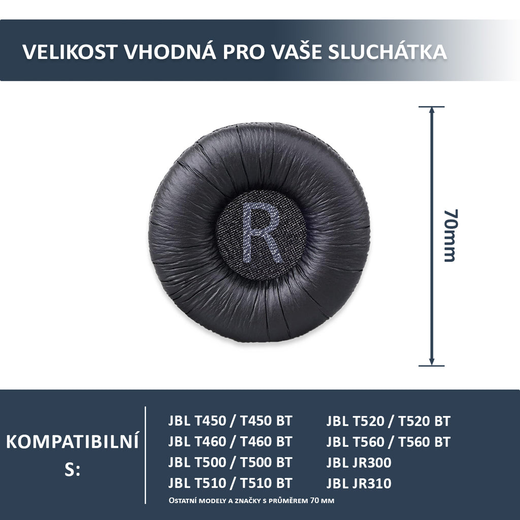 Náhradní ušní polštářky pro JBL T450BT, T500BT, T510BT, T560BT – 70mm Proteinová kůže s paměťovou pěnou (JR300, JR310, T520BT)
