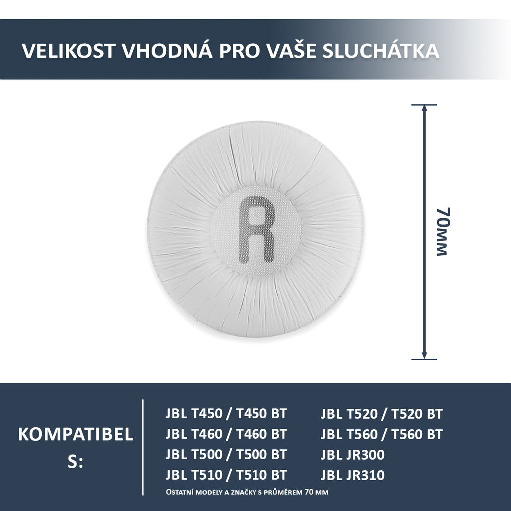Náhradní náušníky pro JBL T450BT, T500BT, Tune 500BT, Tune 510BT – Bílá – 70mm proteinová kůže s paměťovou pěnou (JR300)