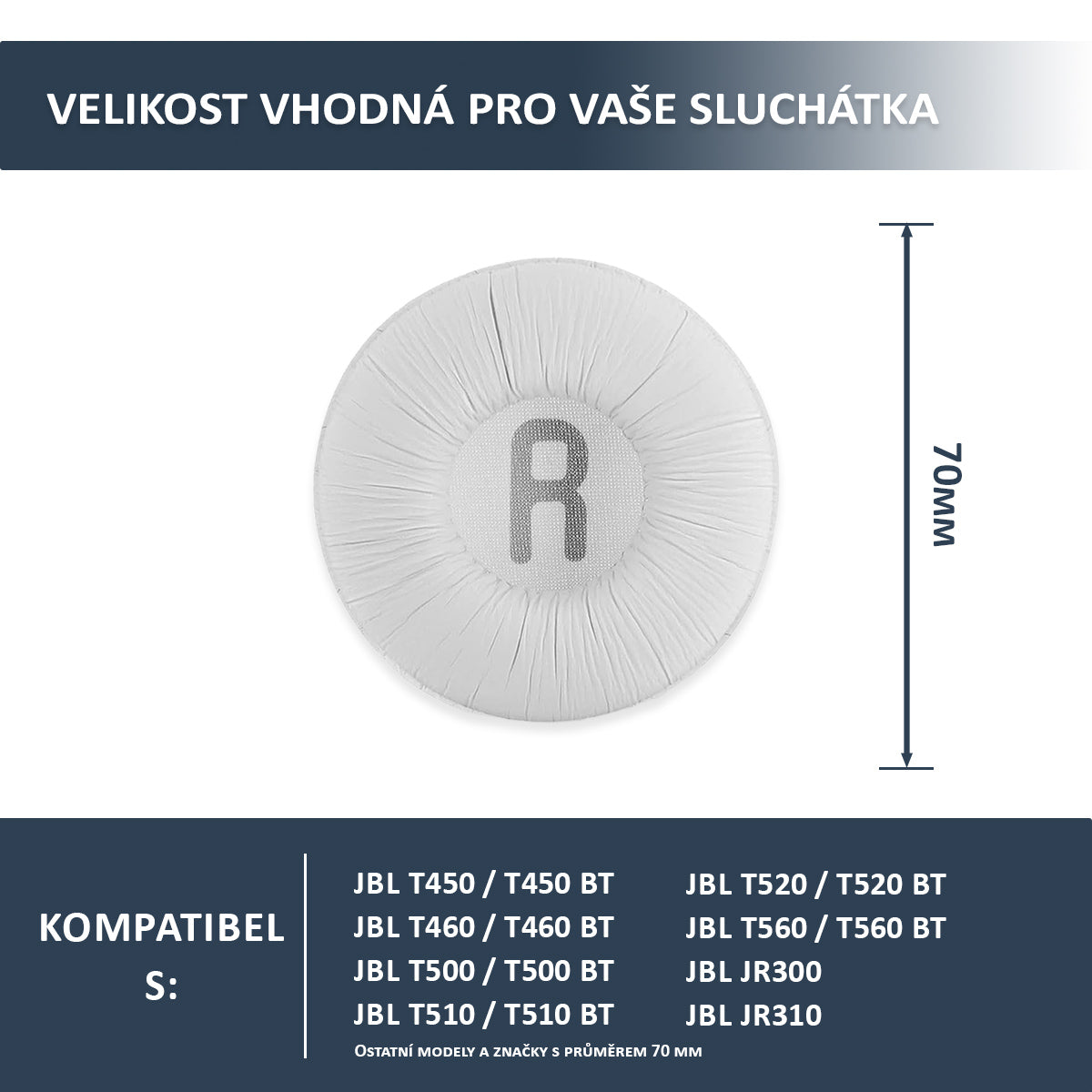 Náhradní náušníky pro JBL T450BT, T500BT, Tune 500BT, Tune 510BT – Bílá – 70mm proteinová kůže s paměťovou pěnou (JR300)