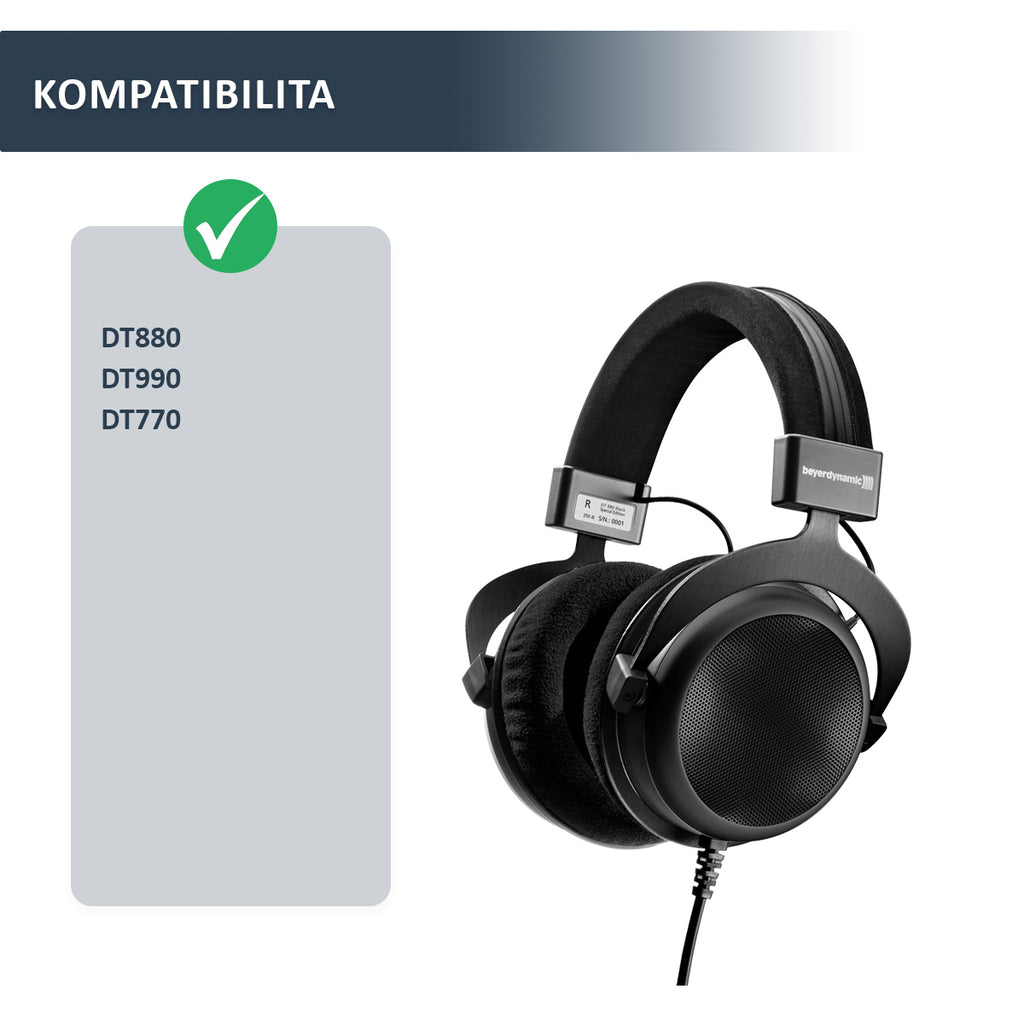 Náhradní náušníky pro Beyerdynamic DT770, DT880, DT990 – Černá – Proteinová kůže s paměťovou pěnou (DT770 Pro, DT990 Pro, MMX 300)