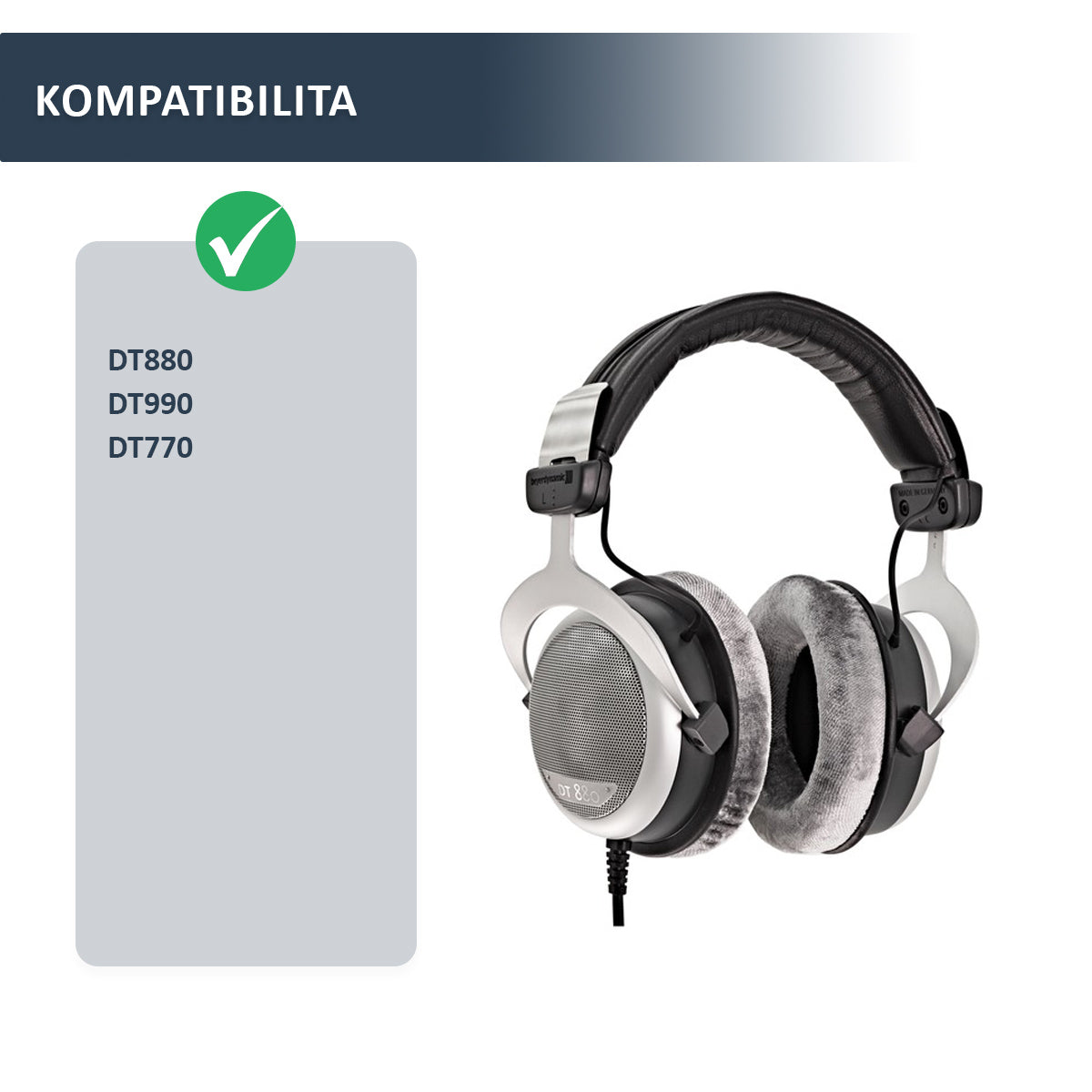 Náhradní náušníky pro Beyerdynamic DT770, DT880, DT990 – Šedý semiš s paměťovou pěnou (DT770 Pro, DT990 Pro, MMX 300)
