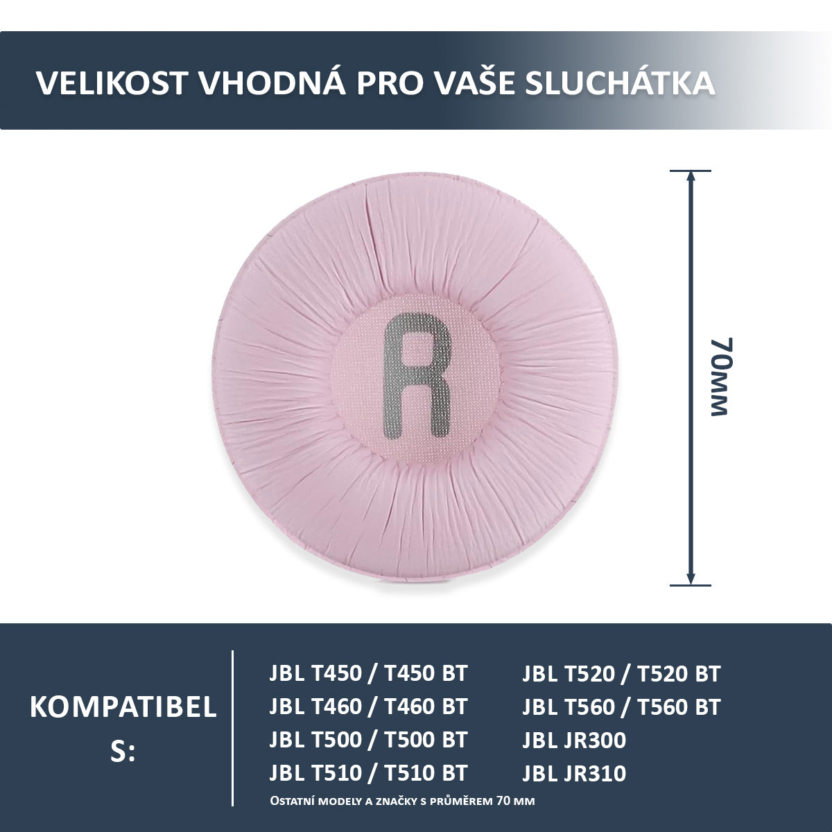 Náhradní náušníky pro JBL T450BT, T500BT, T510BT, T560BT – Růžová – 70mm proteinová kůže s paměťovou pěnou (JR300, JR310)